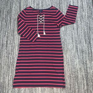 Gap Womens Sz Small Lace Up Front Long Sleeve Mini Dress Red‎ Blue Stripe Cotton